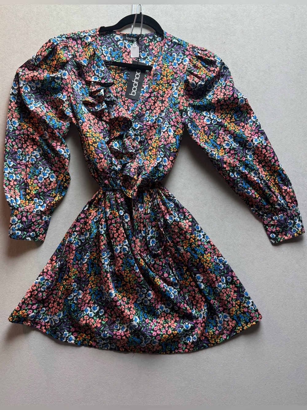 Boohoo Black Floral Print Dress with Tie Waist